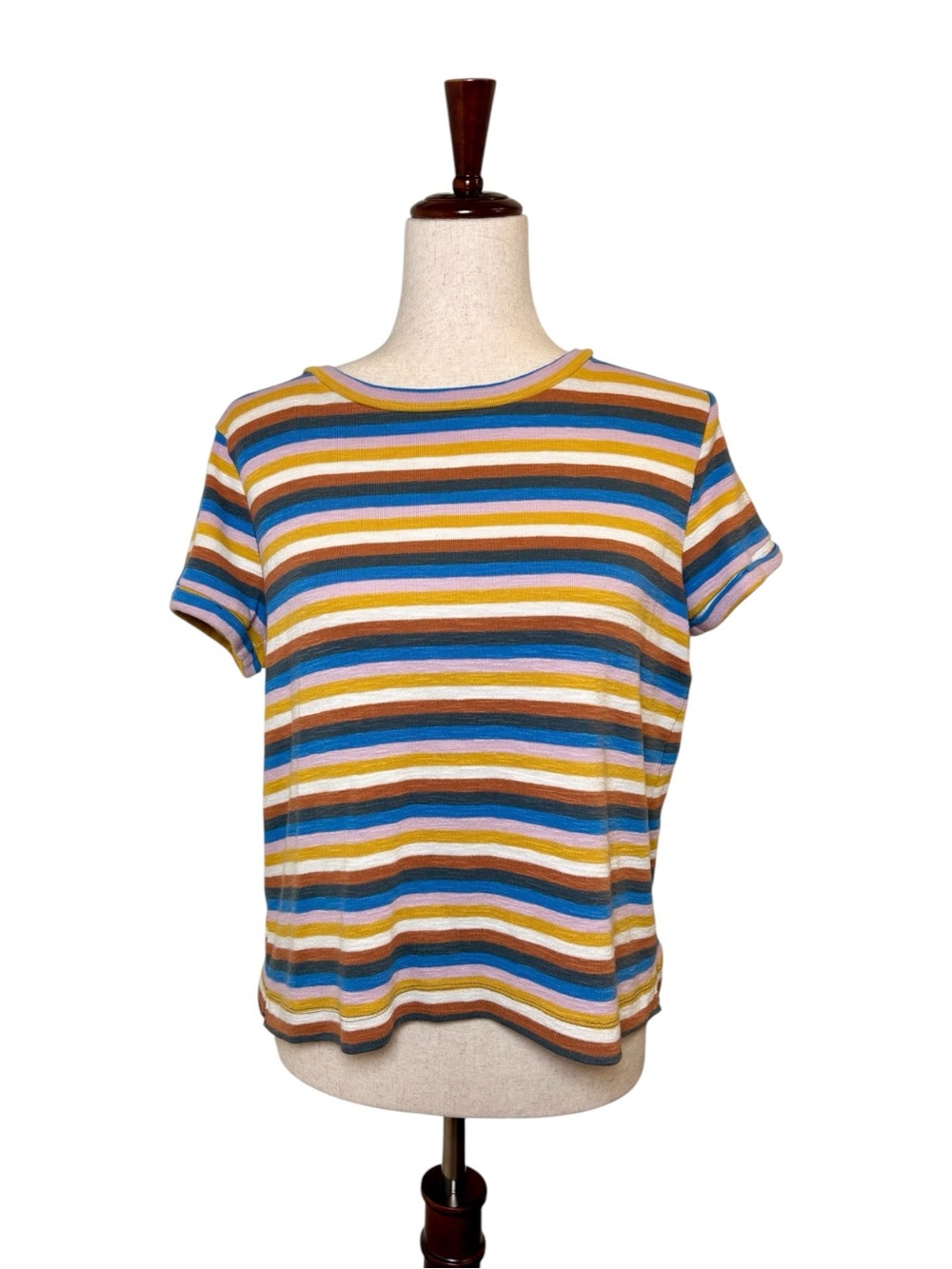 LOFT Blue Pink Yellow Striped Tee Retro Casual Indie Preppy Medium